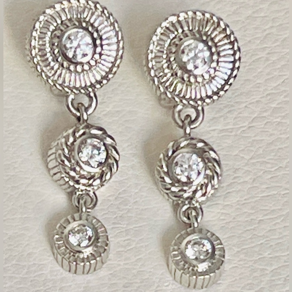 Judith Ripka Sterling Silver Dangle Earrings 3 Stone CZ Omega Clasp 1.5"